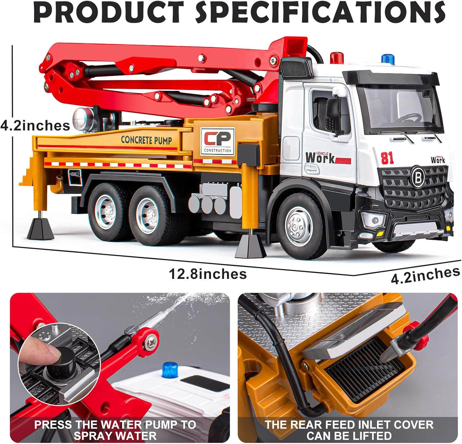 Concrete Pump Truck Toy Metal Cab, Diecast Construction Trucks with Working Water Pump, Lights and Sounds, Construction Vehicles Toys for 3 4 5 6 Years Old Boys Kids, 12.8"