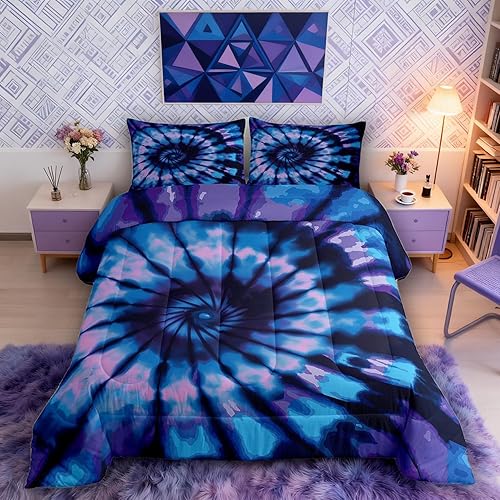 Purple Tie Dye Down Comforter, Blue Spiral Tie Dye Comforter Set, Hippie Bed Comforter Set, Boho Bohemian Gypsy Hippie Bedding Sets, Abstract Printed Quilt Set and 2 Pillowcases, Queen Size