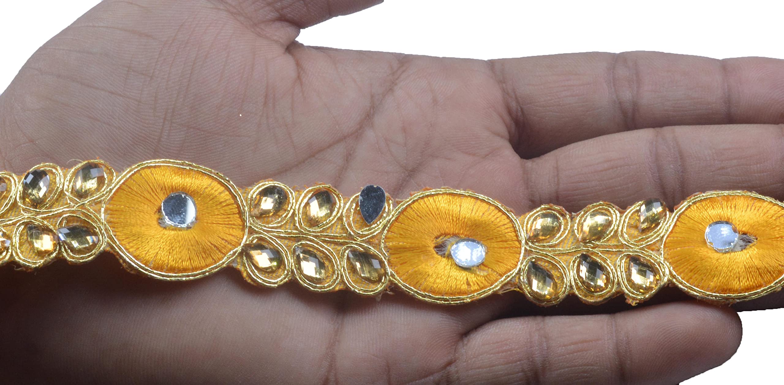 Designer Lace with Mirror & Stones - Golden Lace Border with Mirror Dabka 9.2 Yards / 8.5 Mtr for Duapatta, Lehenga, Saree, Palazzo, Anarkali Suits (Width : 2.2 cm) (Yellow)