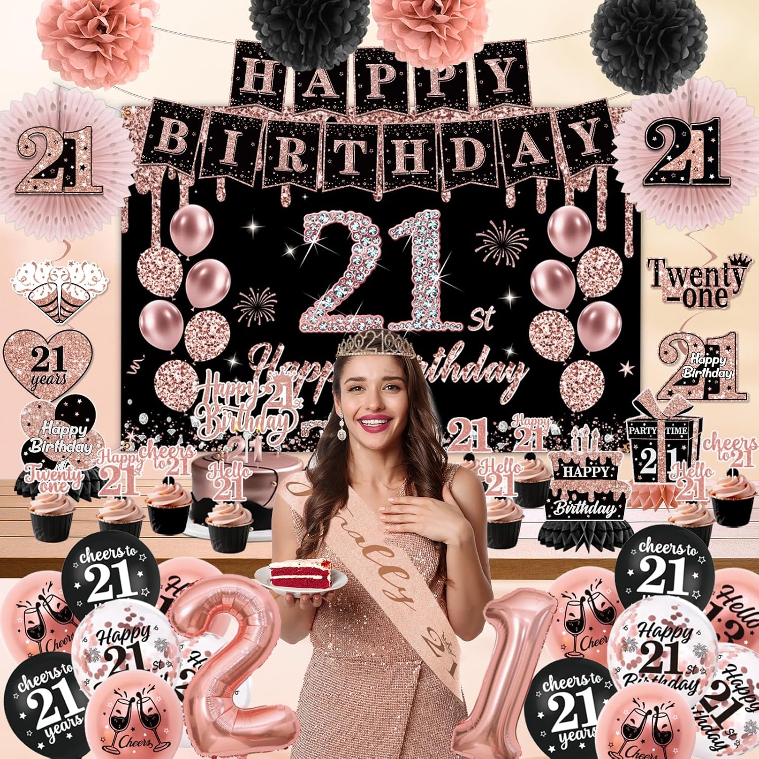 21st Birthday Decorations for Her,Black Rose Gold Happy 21st Birthday Decorations for Girls 21 Banner, Balloons,Hanging Swirls,Cake Topper,Backdrop,Crown,Sash,Paper Fans,21 Years Old Party Supplies