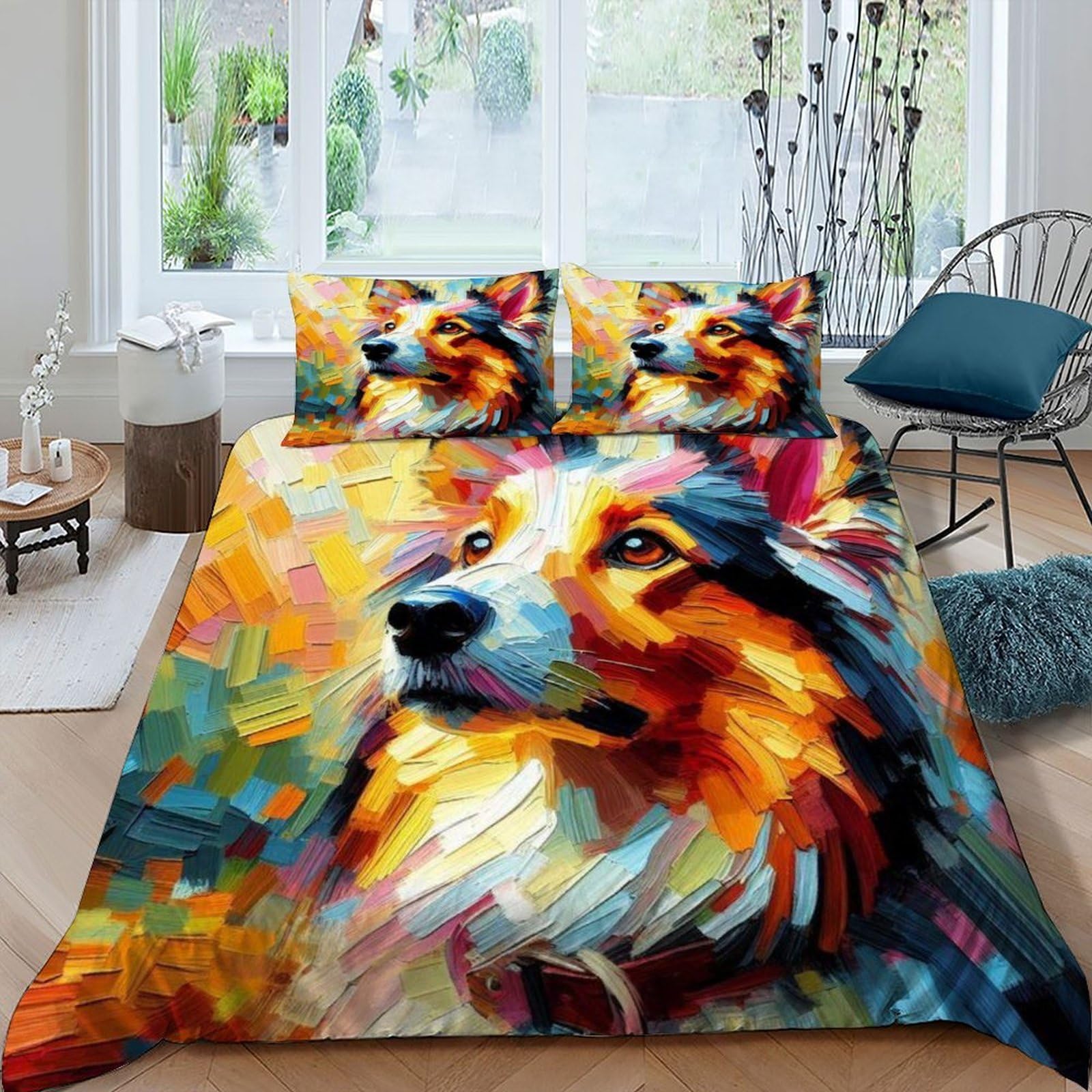 Dog Painting Bedding Set Theme Bedspread Animal Themes Duvet Cover Set 3 Pieces Chic Breathable Comforter Cover Universal for All Seasons with Pillowcase King（220x240cm）