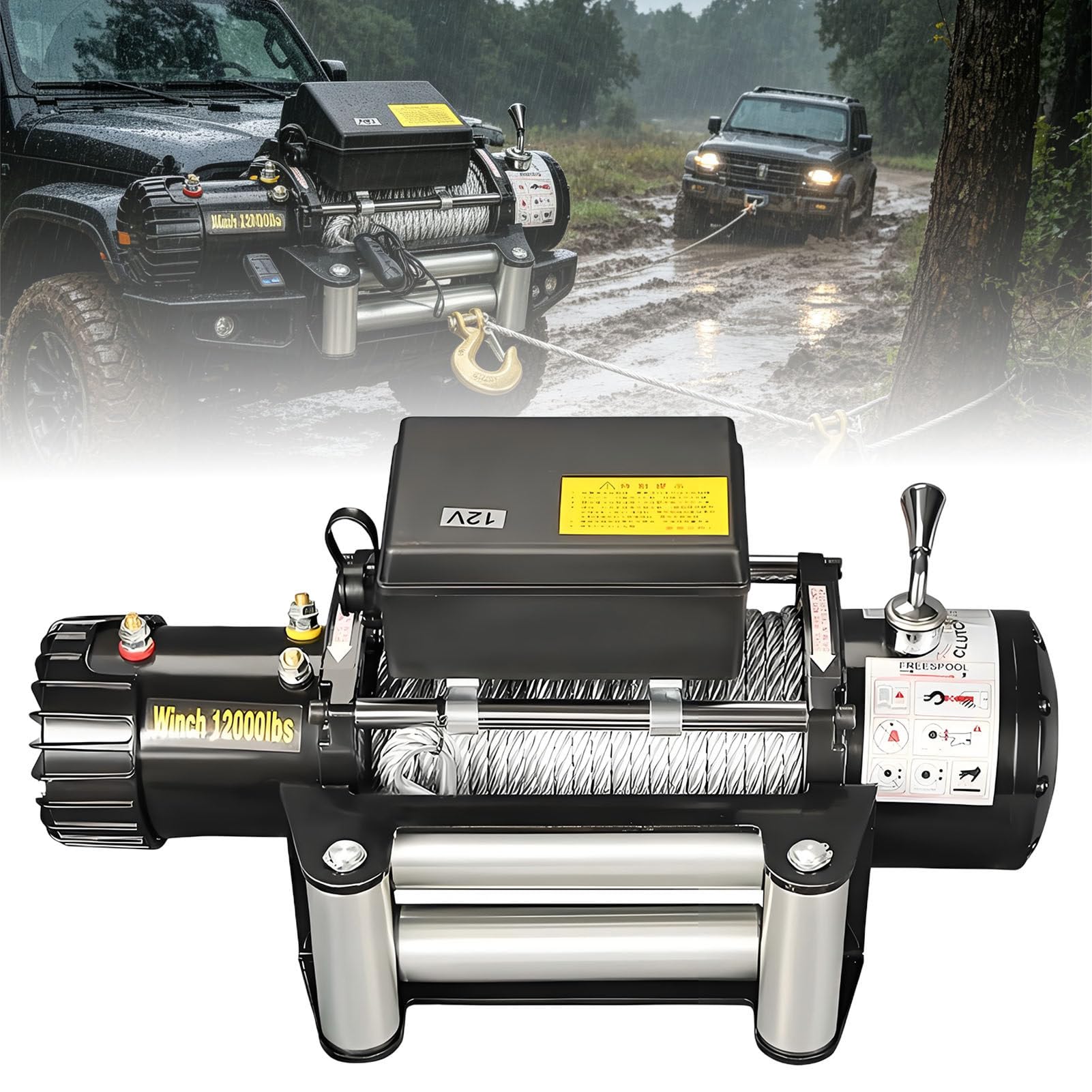 Wciągarka elektryczna 12 V / 24 V (3000–6000 lbs) z pilotem bezprzewodowym i liną stalową odporną na skręcanie – do samodzielnego wyciągania pojazdu w terenie 12V-4000LBS