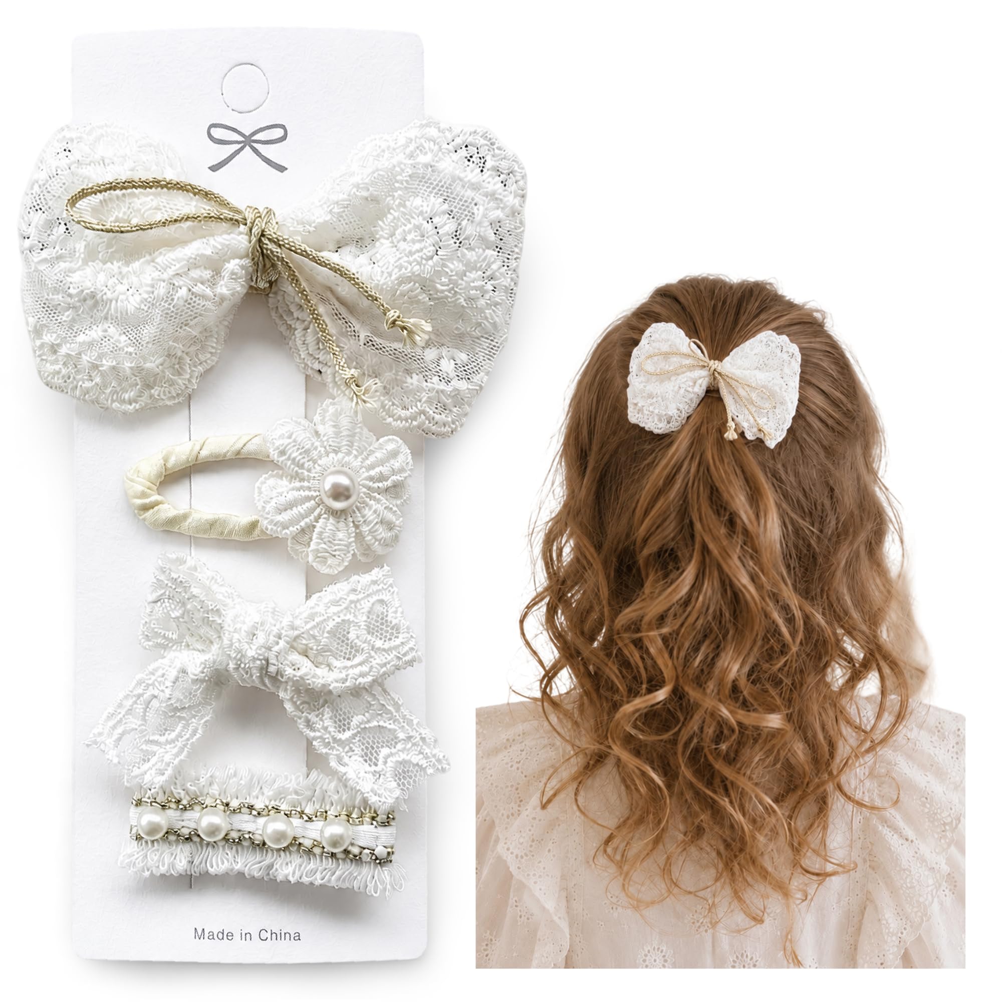 OULYMORE 4 Pieces White Lace and Crochet Boho Girl Hair Clips, Hair Clips with Bows and Flowers, Elegant Accessories for Ceremony, Birthday and Photography (Bianco, 4 pezzi)