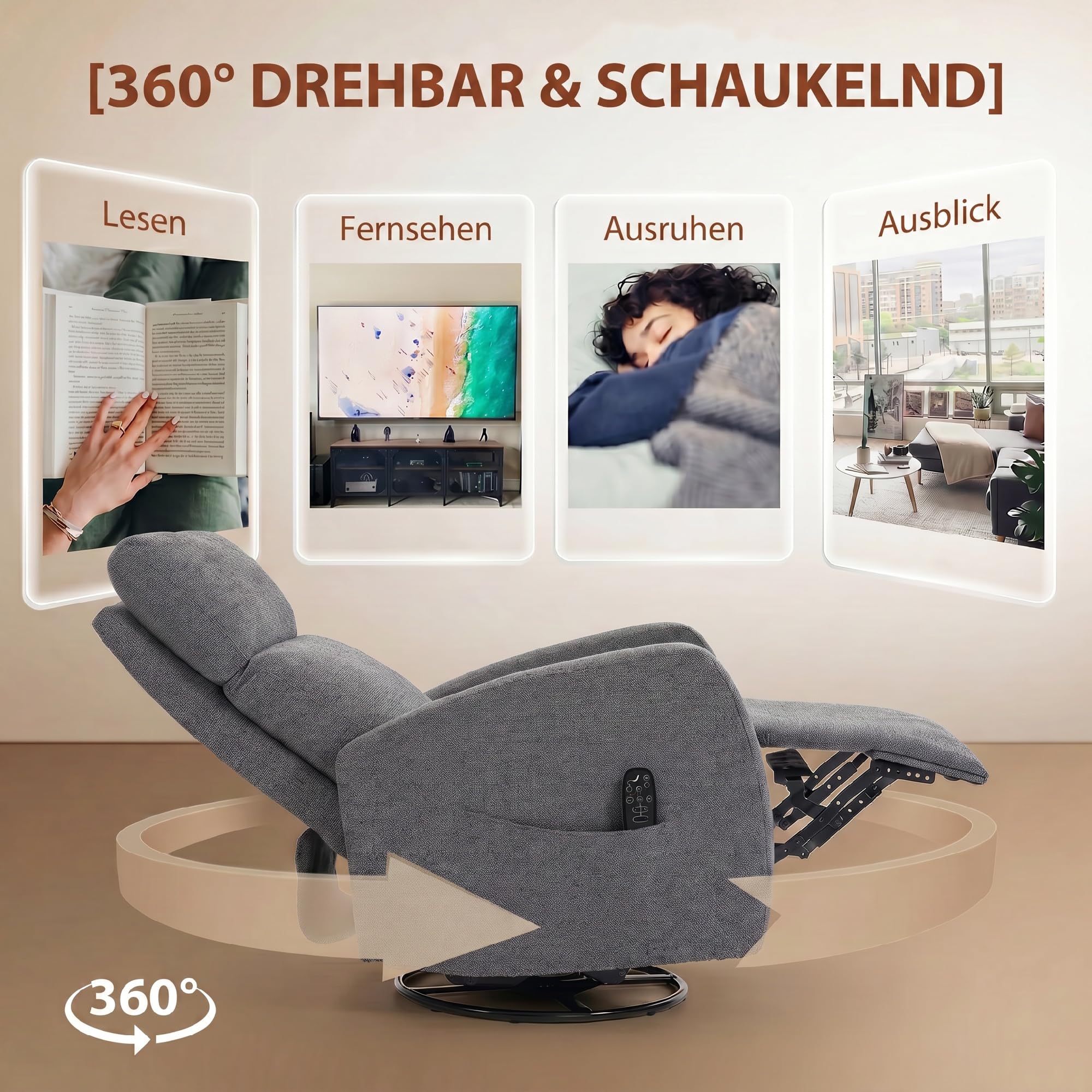HOMCOM Relaxsessel Fernsehsessel Wärme und Vibrationsmassage Dunkelgrau | Drehbarer Massagesessel, Liegefunktion, Wippfunktion, Seitentasche, TV-Sessel mit Chenille-Optik, für Wohnzimmer