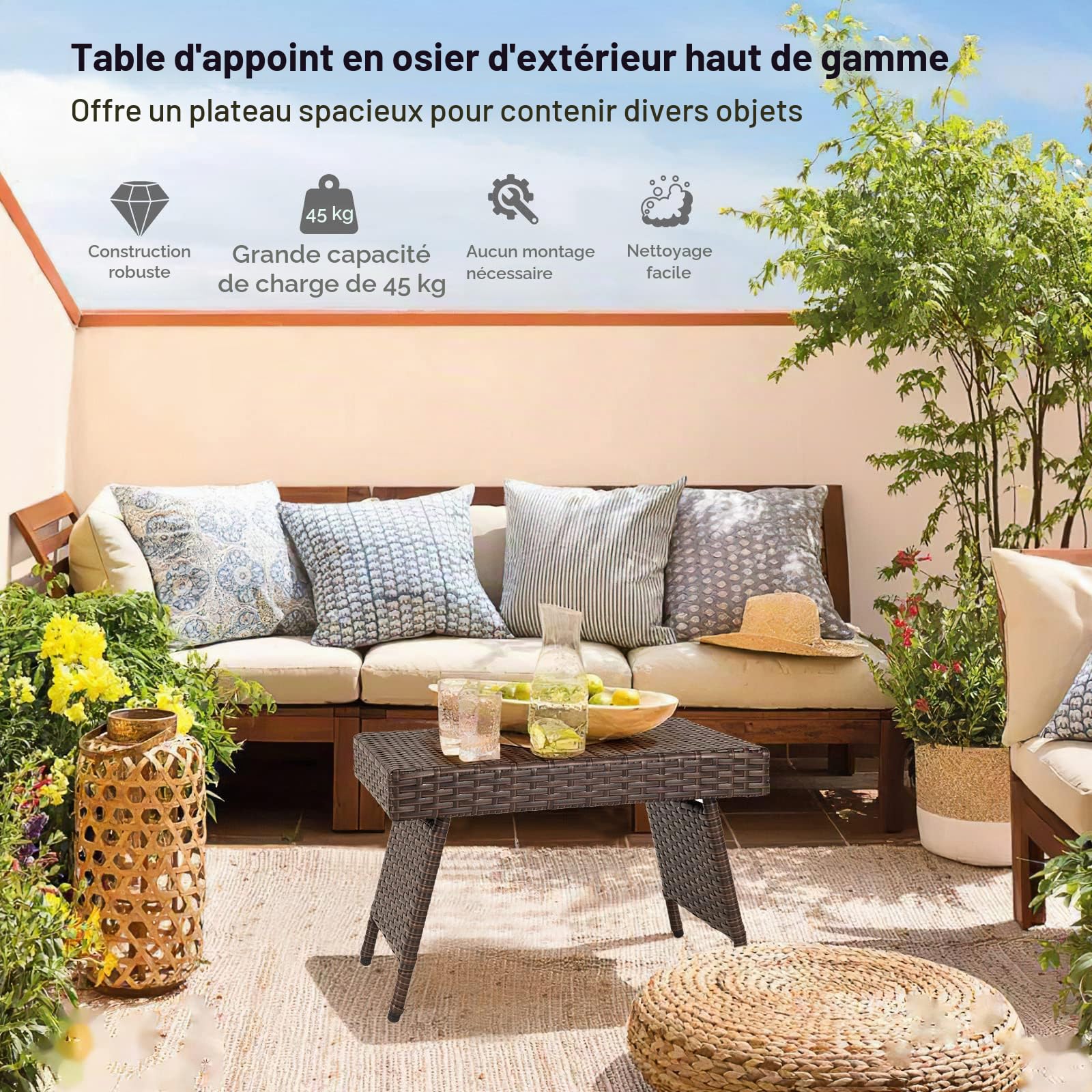GIANTEX Table Basse Extérieure en Rotin, 60 x 40 x 40 cm, Petite Table Pliante de Jardin avec Patins Réglables, Mobilité Facile, Charge 45 kg, pour Salon de Jardin, Balcon, Patio, Terrasse (Brun)