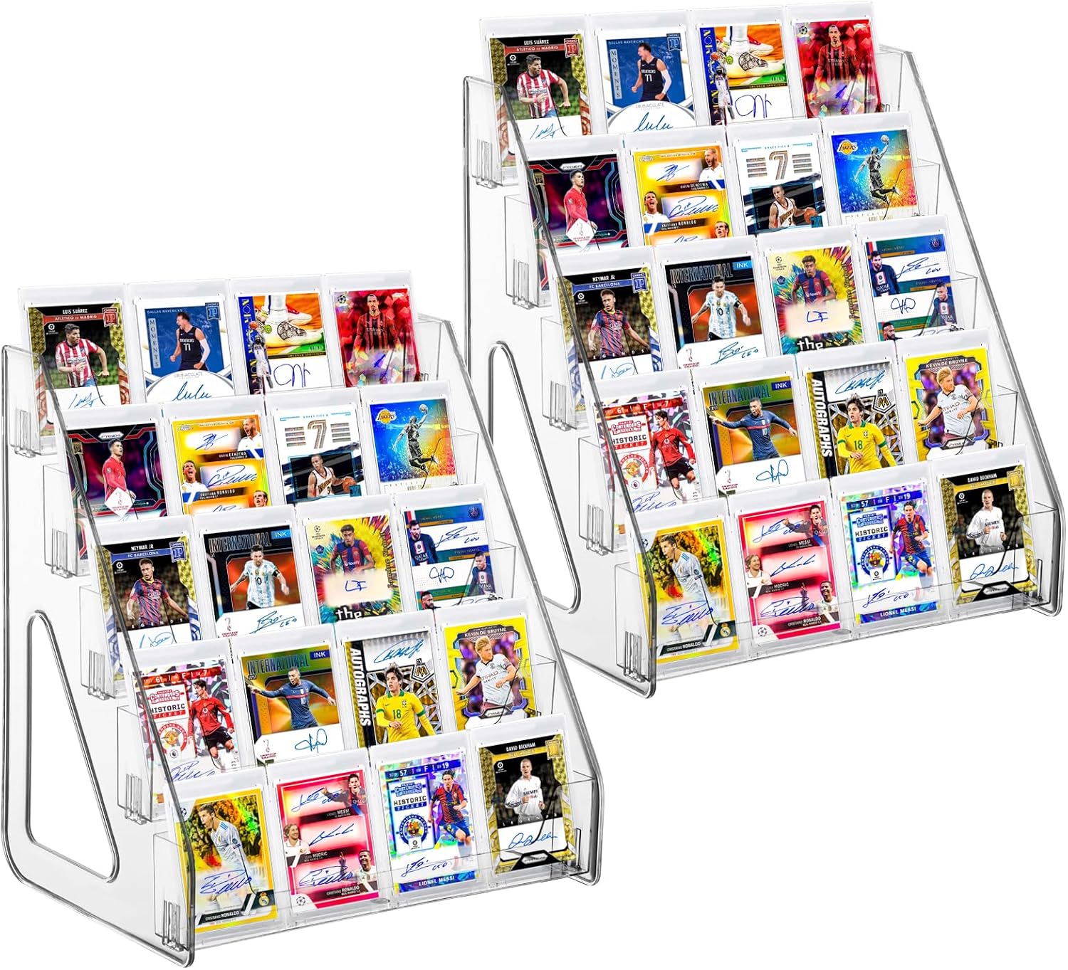 2 Pack 5 Tier Acrylic Card Display Stand(Tall Height), Clear Display Shelf Desktop for Basebal Trading Cards, Sports Cards, Greeting Card, Stickers & Brochures, Easy Clip-On Design