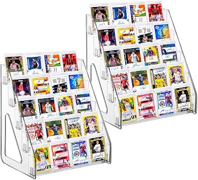 2 Pack 5 Tier Acrylic Card Display StandTall Height, Clear Display Shelf Desktop for Basebal Trading Cards, Sports Cards, Greeting Card, Stickers & Brochures, Easy Clip-On Design
