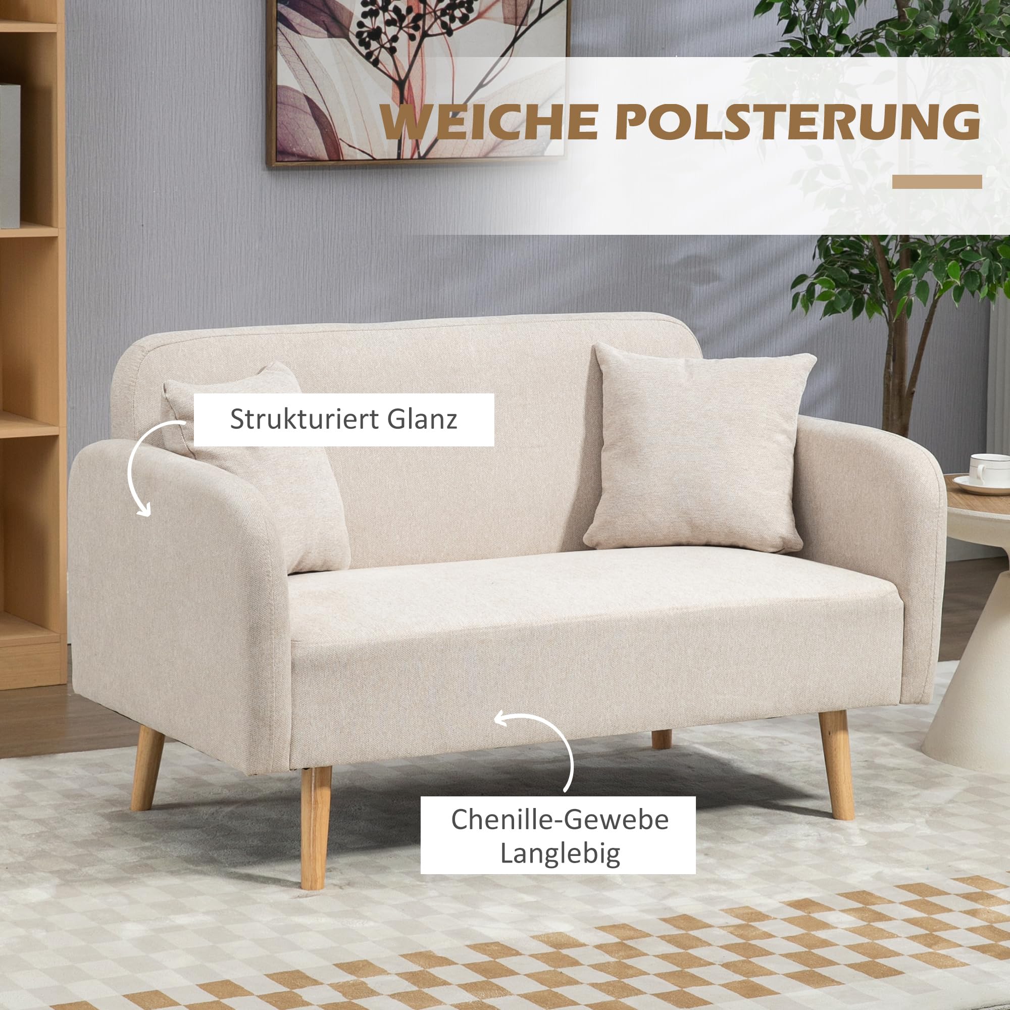 HOMCOM Sofa 2 Sitzer Couch mit 2 Wurfkissen Samtopik Creme 130 x 70 x 80 cm | Kleine Loveseat, Modern Polstersofa, Wohnzimmer, Schlafzimmer, Kleinen Raum