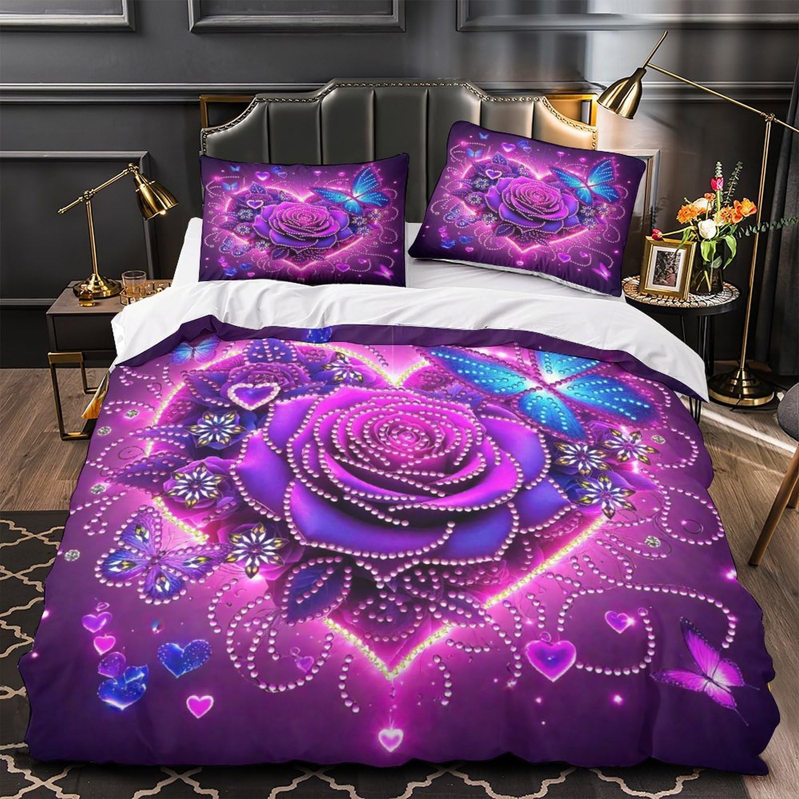 Housse de couette Fleurs d'amour 260x220 parure de lit 3D microfibre avec taies d'oreiller