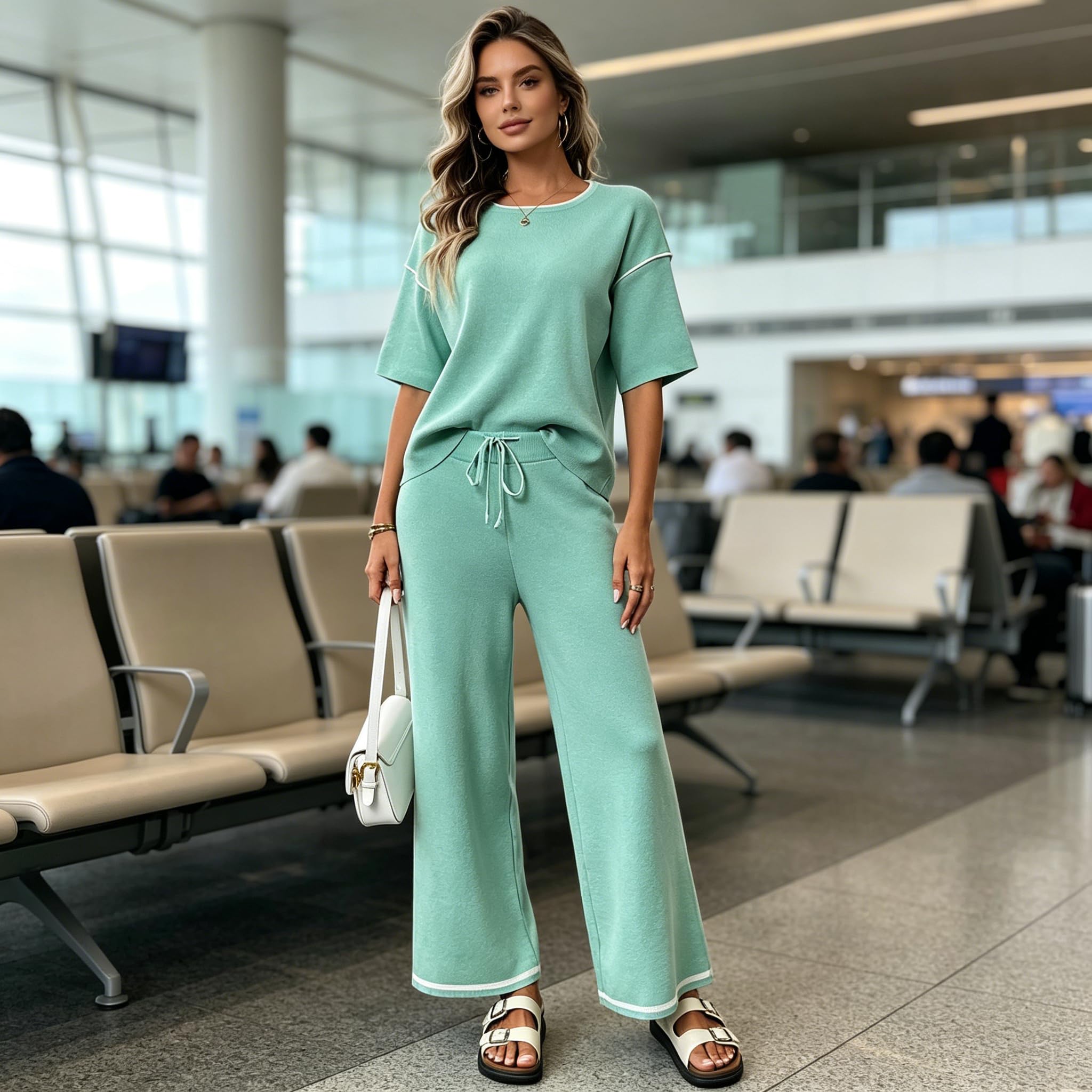 Genérico Conjunto De Dos Piezas De Verano para Mujer: Top De Manga Corta Y Pantalón De Pierna Ancha. Conjunto Deportivo Suave Y Ligero, Elástico, Informal, Ideal para Vacaciones Y para Viajar.
