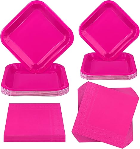 ADXCO Juego de 48 piezas de suministros de fiesta color rosa intenso, incluye platos desechables de color rosa intenso, platos cuadrados de papel