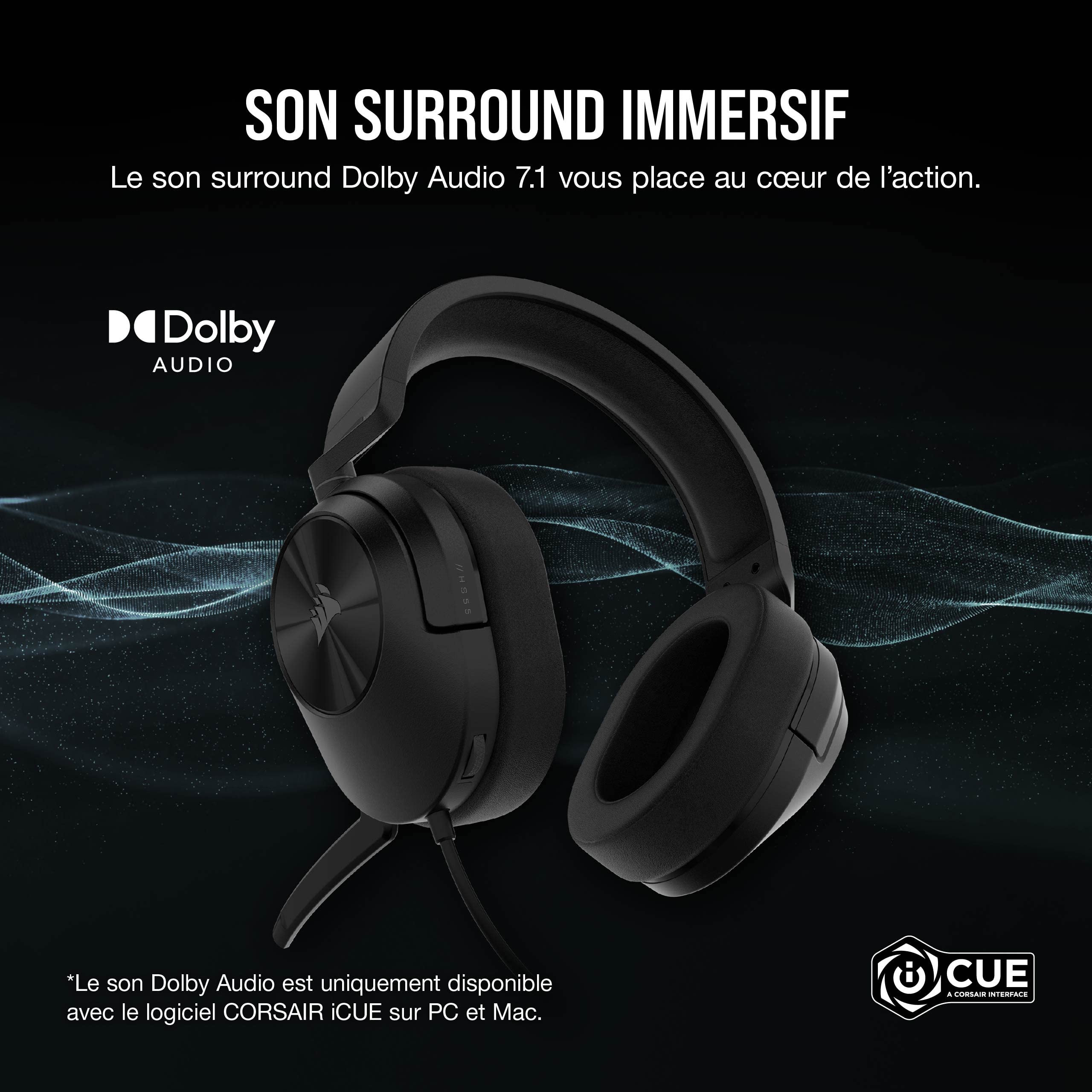 Corsair HS55 Surround Casque de Jeu Filaire Multiplateforme Léger - Son Surround Dolby 7.1 - Compatible iCUE - PC, Mac, PS5, PS4, Xbox, Nintendo Switch, Mobile - Carbone - 2