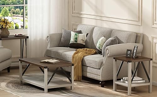 Miniatura 4 de Treocho Juego de 2 mesas auxiliares rústicas vintage con estante para sala de estar, dormitorio, blanco antiguo y marrón