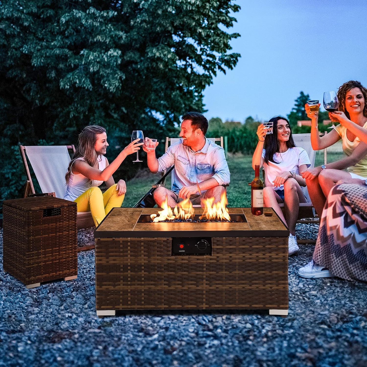 2-Piece Outdoor Propane Fire Pit Table w/Tank Holder, 32inch Handmade Rattan Wicker Firepit Ceramic Tabletop with Steel Lid 40,000 BTU Rectangle Fire Table Set for Patio, Deck, Backyard (Brown)