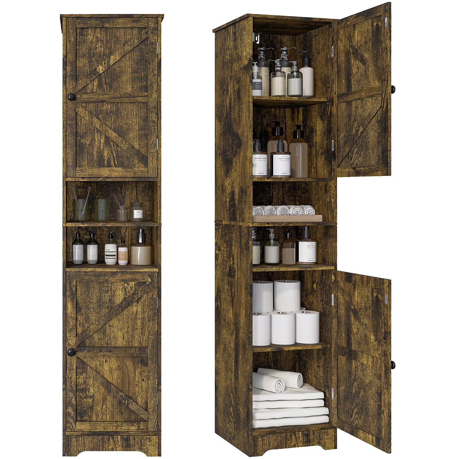 Viaozutis Tall Bathroom Storage Cabinet, Vertical Freestanding Organizer with Adjustable Shelf, Slim Design for Small Bathrooms, Towels & Toiletries