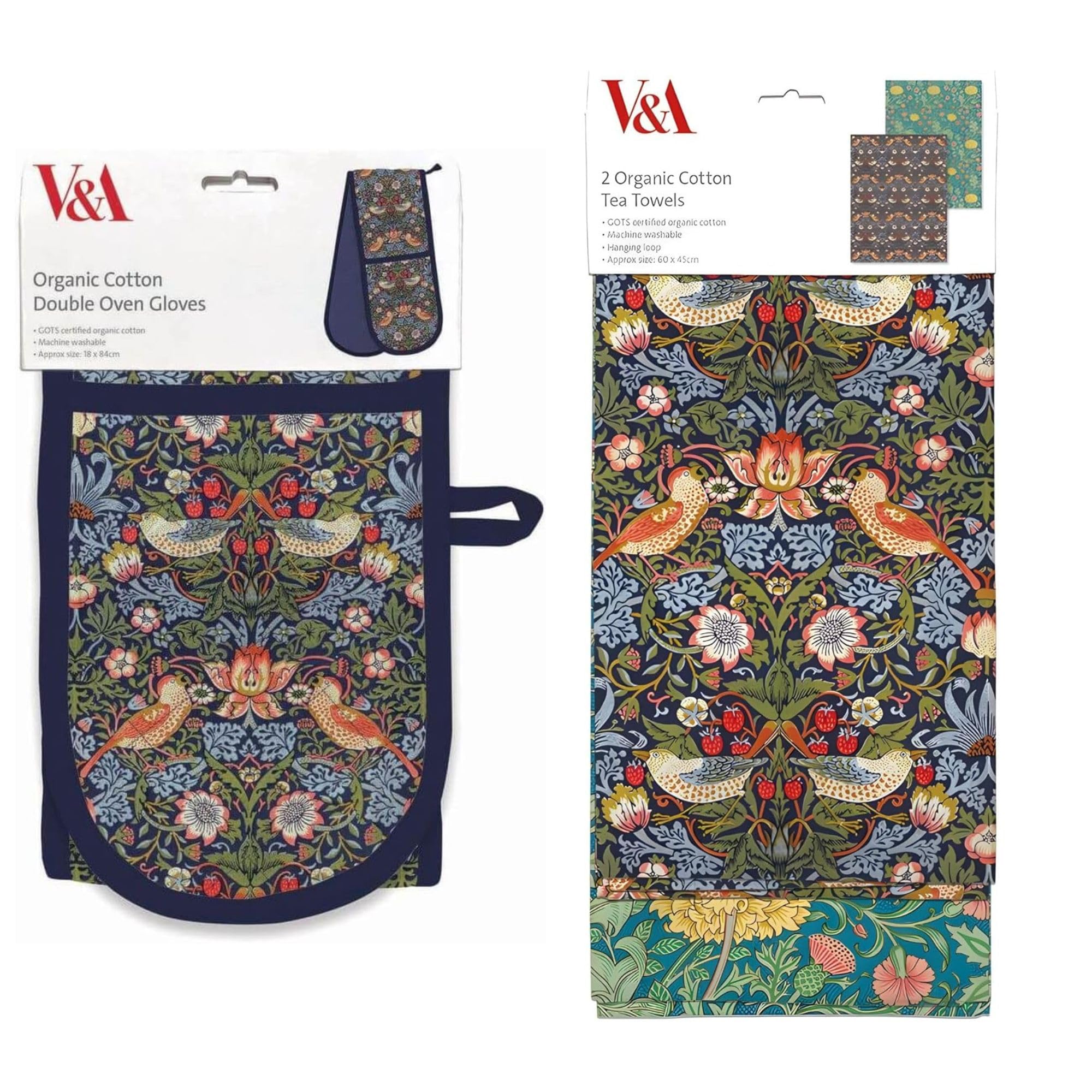 Museums & Galleries Double Oven Glove and Tea Towel Set - Organic Cotton - William Morris 'Strawberry Thief' - Artistic Botanical Design - Stylish Kitchenware