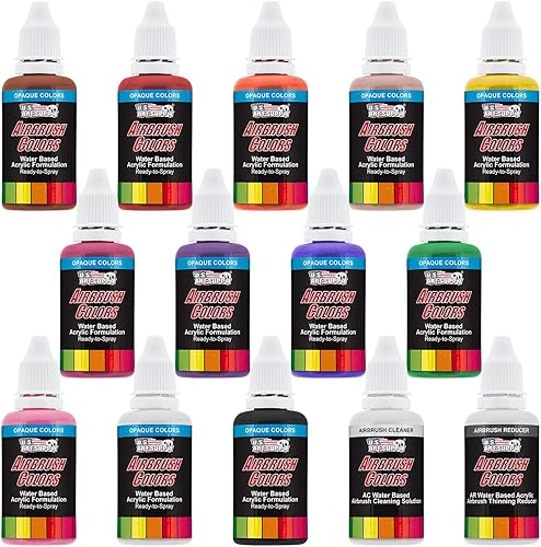 US Art Supply 12 colores primarios opacos Set de pintura de aerógrafo acrílico con reductor y limpiador 1 onza Botellas