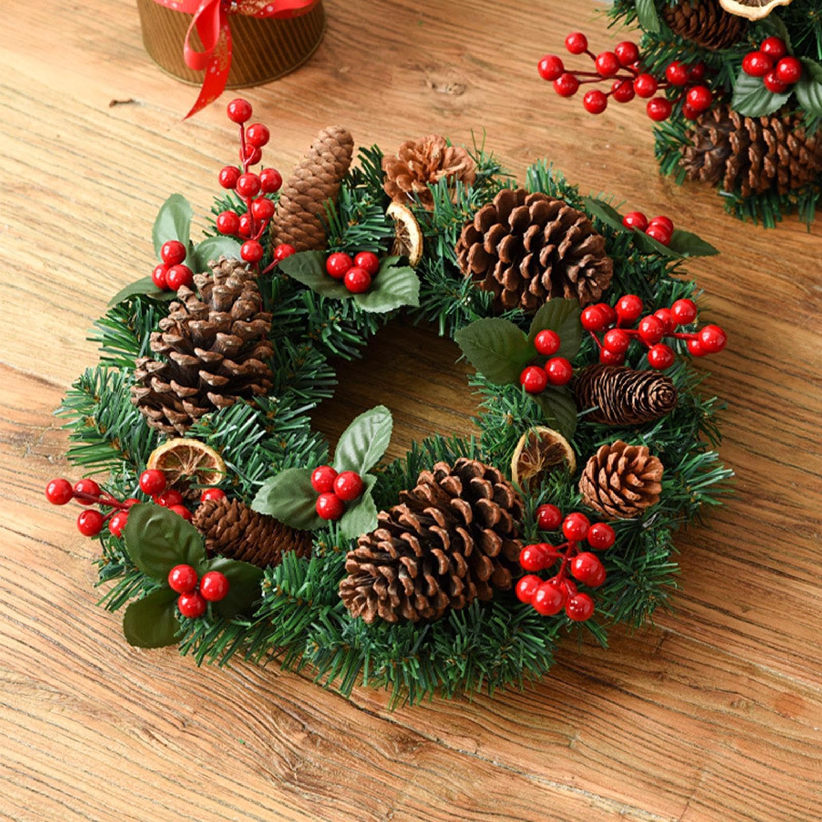 Couronnes De Noël Pour Porte D'Entrée Décor Artificiel Saisonnier | Couronne Rustique avec Cône de Pin et Baies Rouges Pour Porte D'Entrée Extérieur Intérieur Maison Porche Hiver Fenêtre