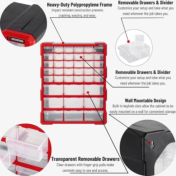 INTERTOOL Small Parts Organizer for Hardware & Screws | 39 Removable Bins with Dividers | Wall Mount or Desktop Craft & Lego Storage Cabinet | 19 x 15 x 6 BX08-4013