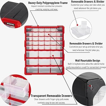 INTERTOOL Small Parts Organizer for Hardware & Screws | 39 Removable Bins with Dividers | Wall Mount or Desktop Craft & Lego Storage Cabinet | 19 x 15 x 6 BX08-4013