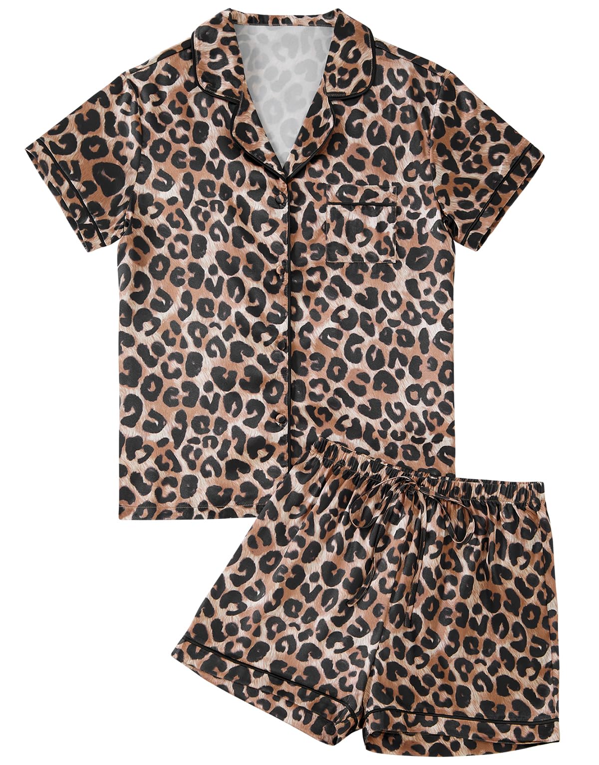 Women's Satin Silky Short Sleeve Button Shirt Sleepwear 2Piece Pajama Set