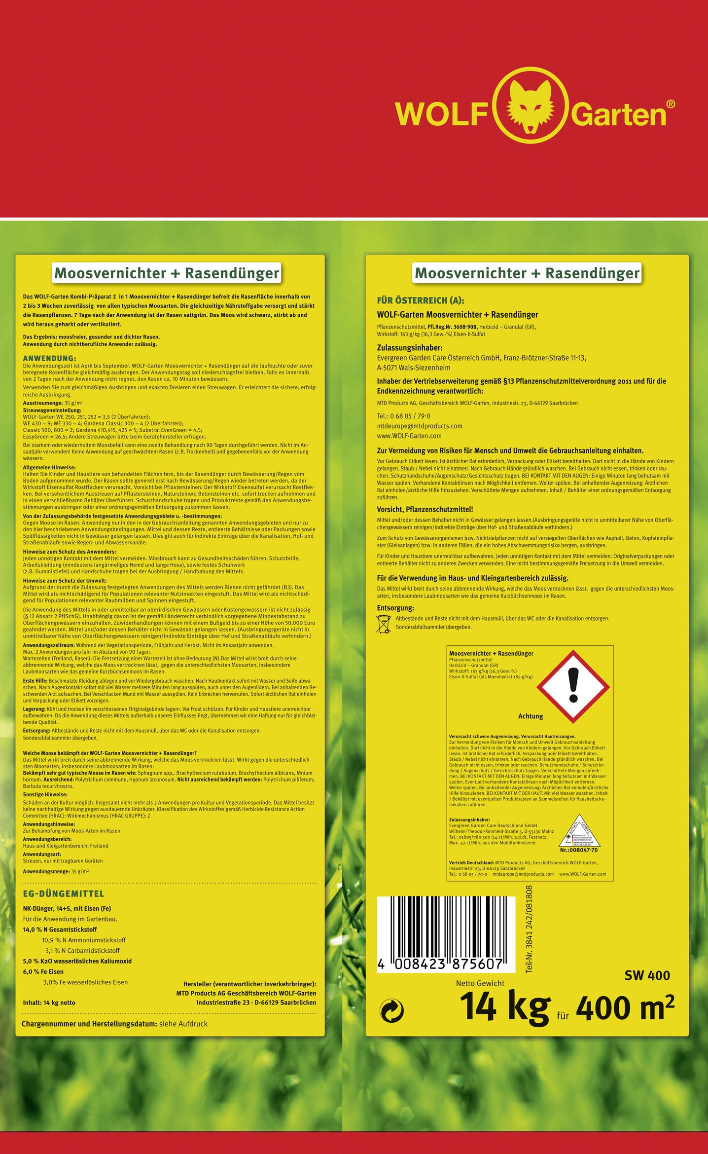 WOLF-Garten ANTIMUSCHIO E Fertilizzante per Prato – SW 400 – 14 kg per 400 m² – 3841040