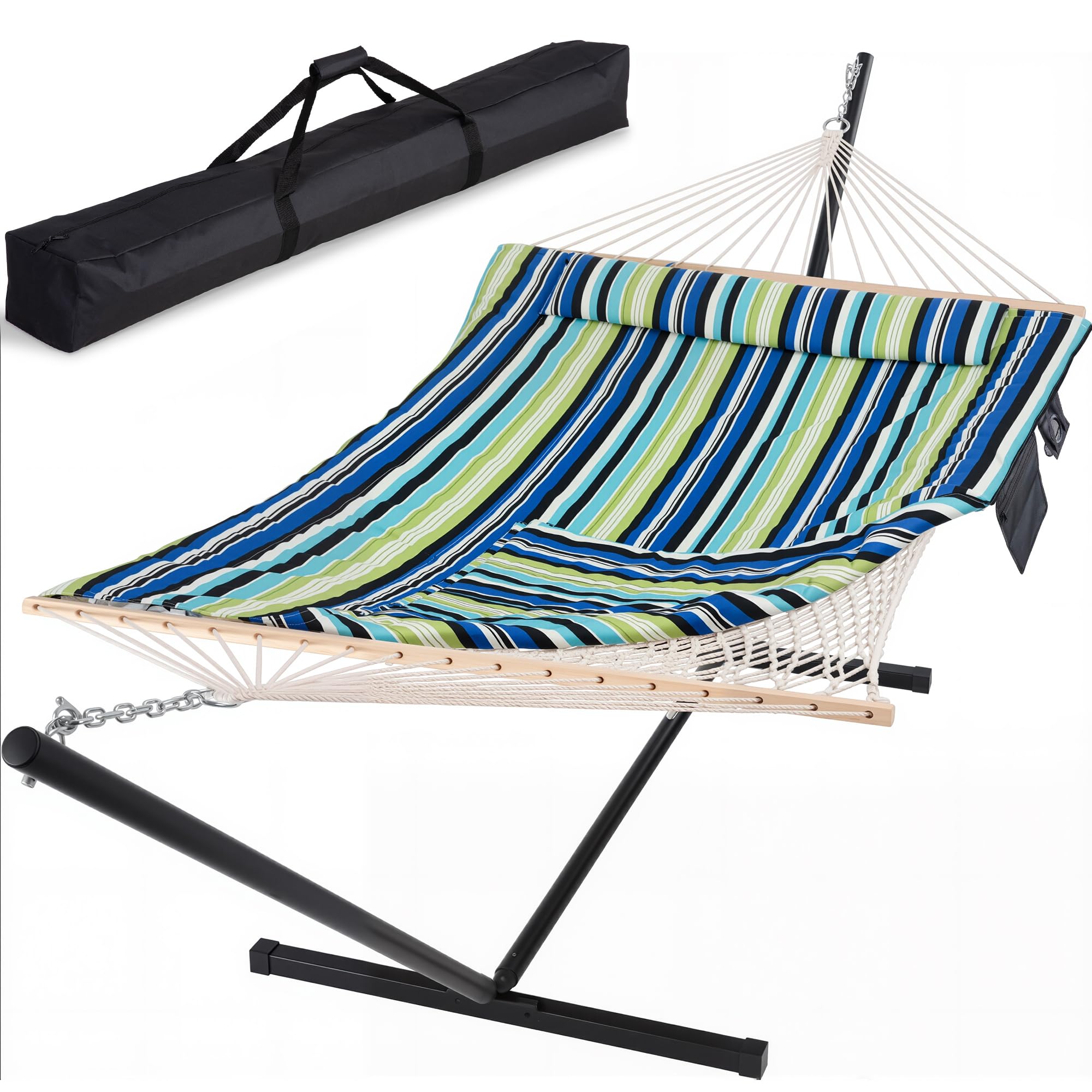 SUNCREAT Hammocks Double Cotton Rope Hammock with Polyester Pad, Blue&amp;Green