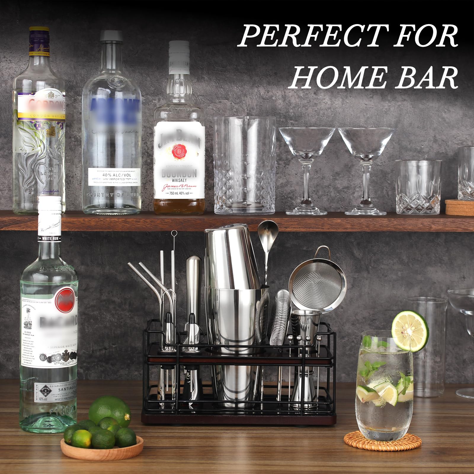Kit cocktail da 20 pezzi in acciaio inox 825ml con supporto, Boston shaker cocktail set con dosatore misurino cocktail, kit barman professionale completo per casa e bar, regali per papà (argento)