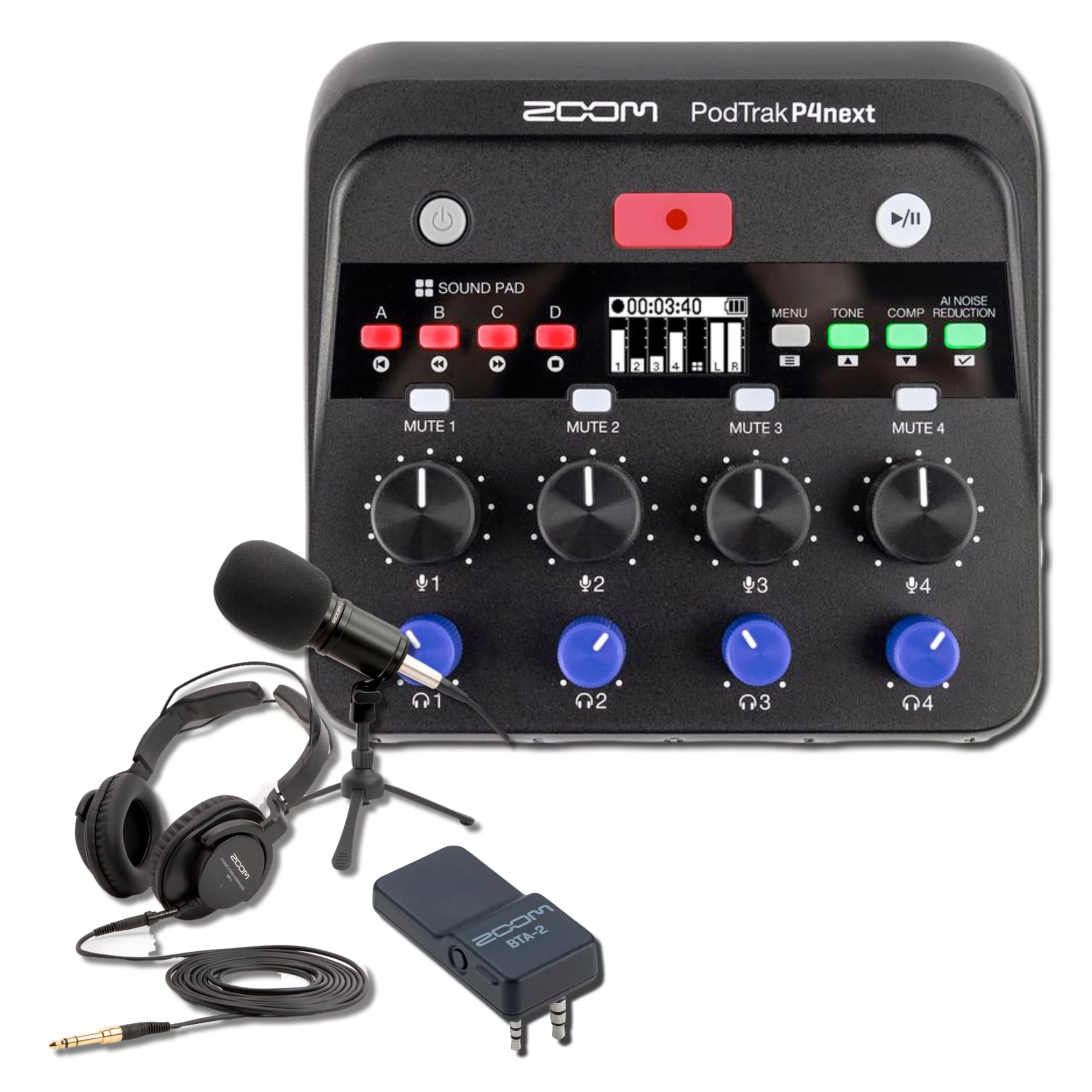 Zoom PodTrak P4 Next Podcast Recorder Bundle with BTA-2 Bluetooth Adapter and ZDM-1 Mic Pack — Wireless Remote Interview, Dynamic Microphone, Headphones, Podcast Equipment Kit for Recording, Streaming