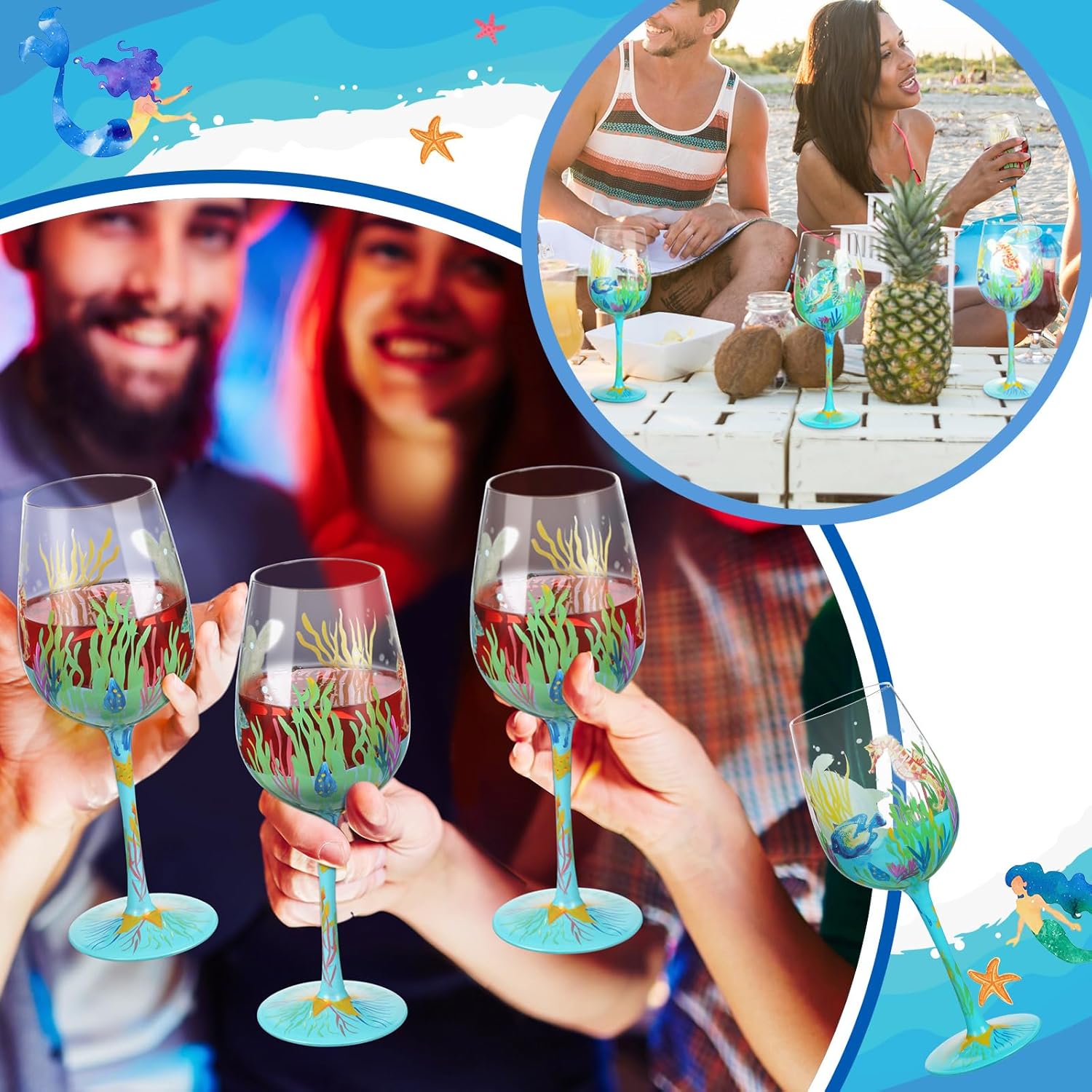 4 Pcs Sea Animal Hand Painted Wine Glasses Ocean Turtles Stemmed Wine Glasses Seahorses Seaweed Fish Decorative Drinking Cup Summer Ocean Gifts for Women Men Birthday Party Supplies - Image 7