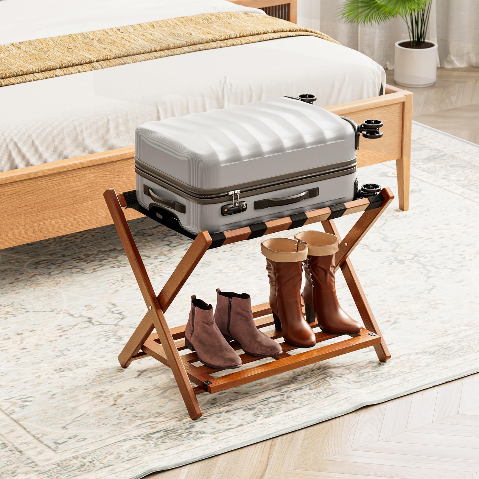 SpaceAid Fully Assembled Luggage Rack 1 Pack, Bamboo Foldable Suitcase Stand for Guest Room, Heavy Duty Folding Luggage Holder with Storage Shelf for Bedroom and Hotel, Walnut