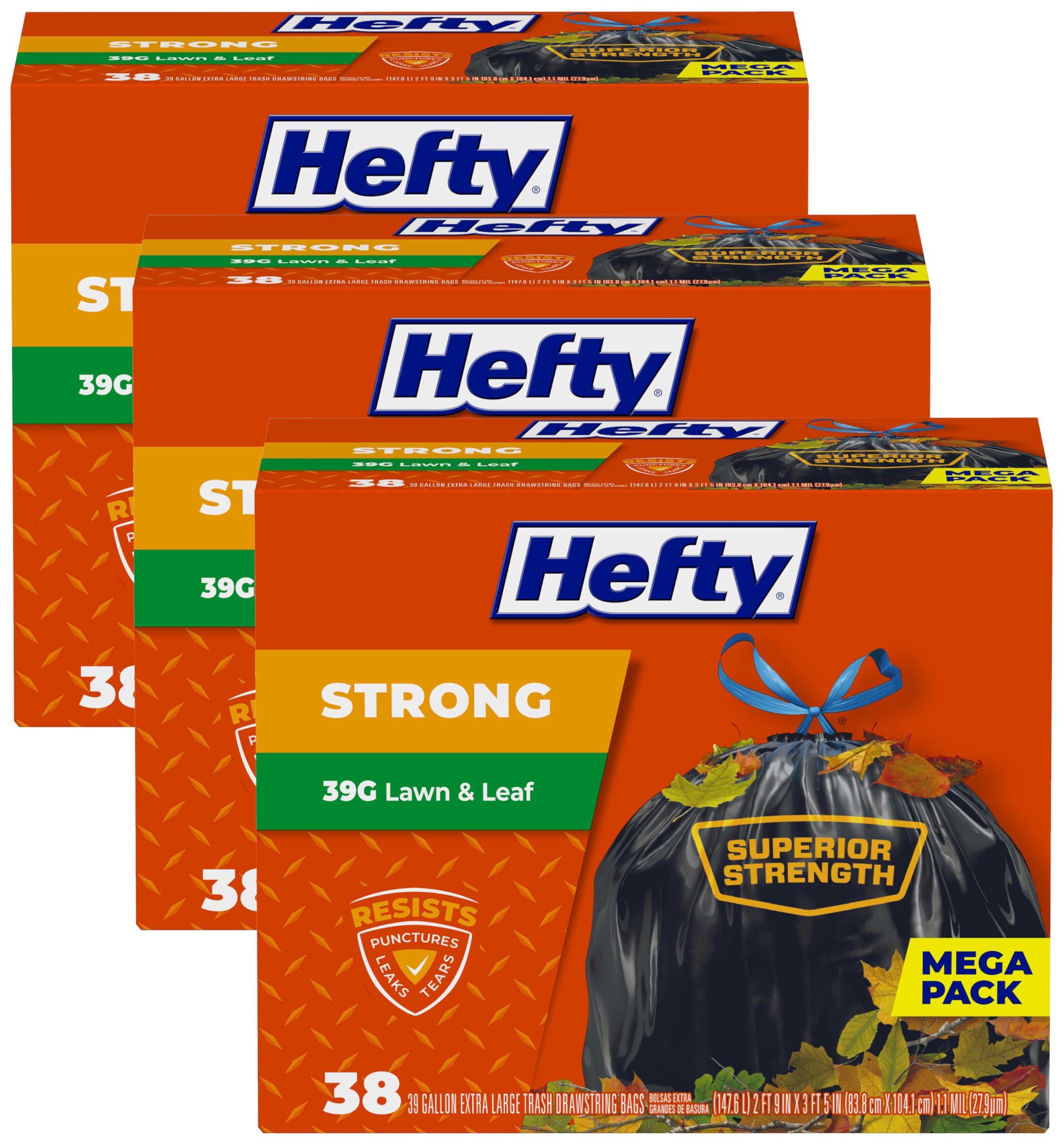 Hefty Strong Lawn &amp; Leaf Trash Bags,39 Gallon,38 Count (Pack of 3)