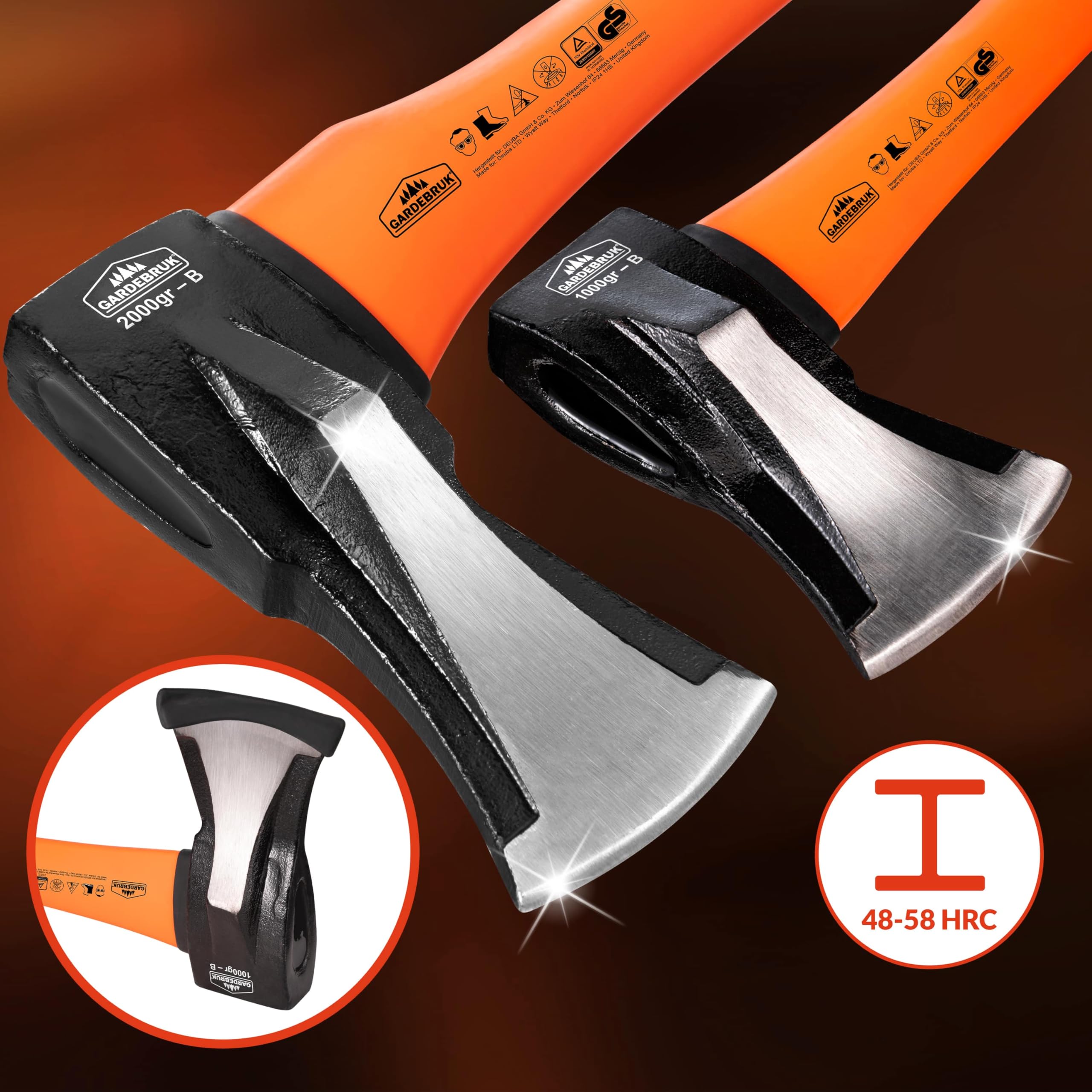 Gardebruk® Axt 2 kg Beil 1 kg Set ergonomischer Handgriff Gummischutz Universal Spaltaxt Spaltbeil Spalthammer Holzspalter