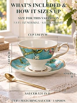 7oz Bone China Tea Cup and Saucer Set, Almond Blossom