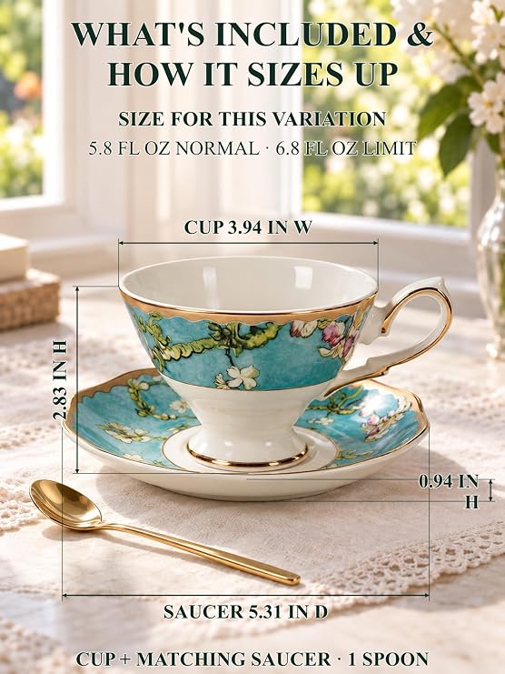 7oz Bone China Tea Cup and Saucer Set, Almond Blossom