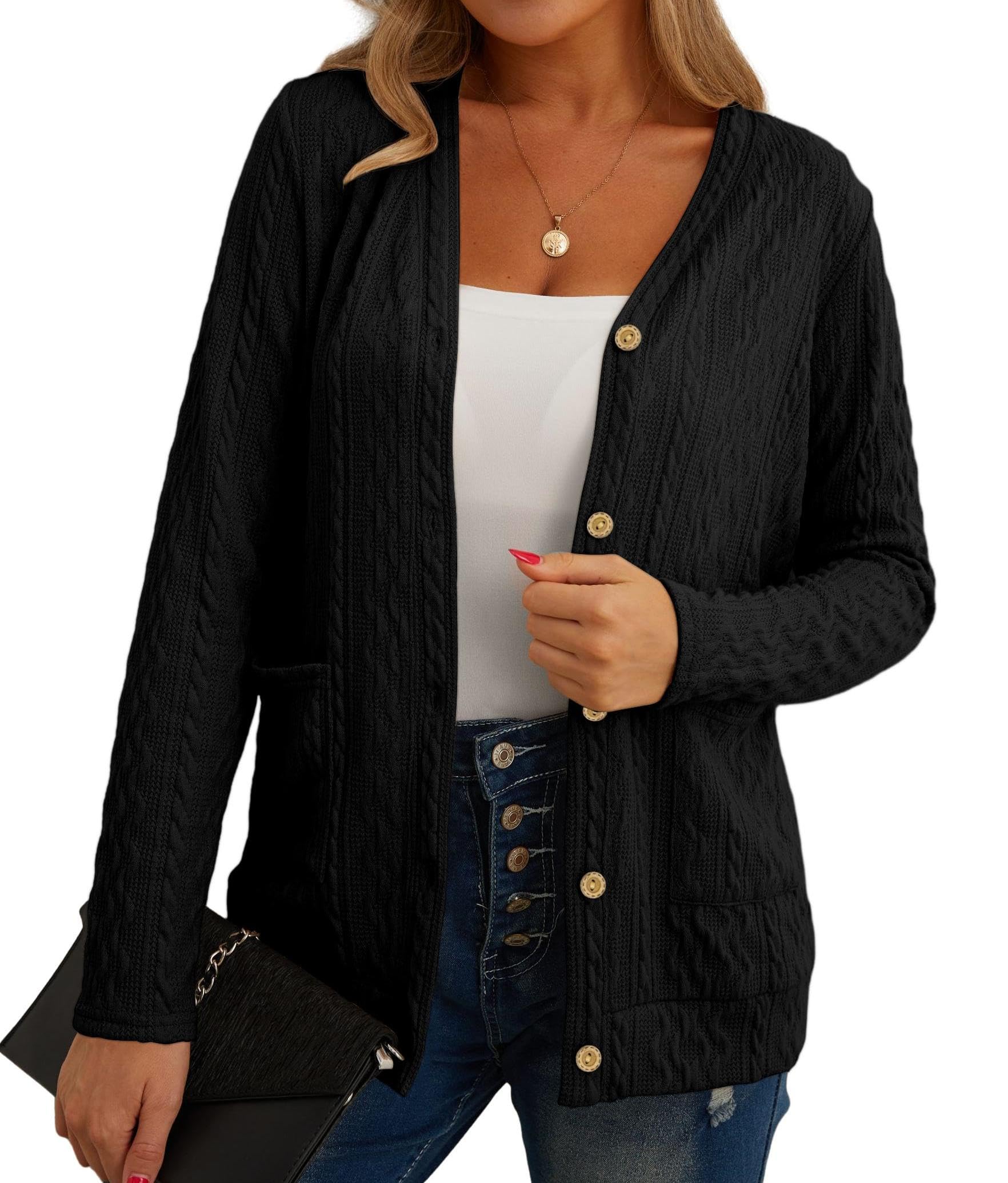GRECERELLE Gilet Femme Cardigan Chic et Elégant Torsadé pour l'Automne avec Boutons Col en V et Poches Pratiques