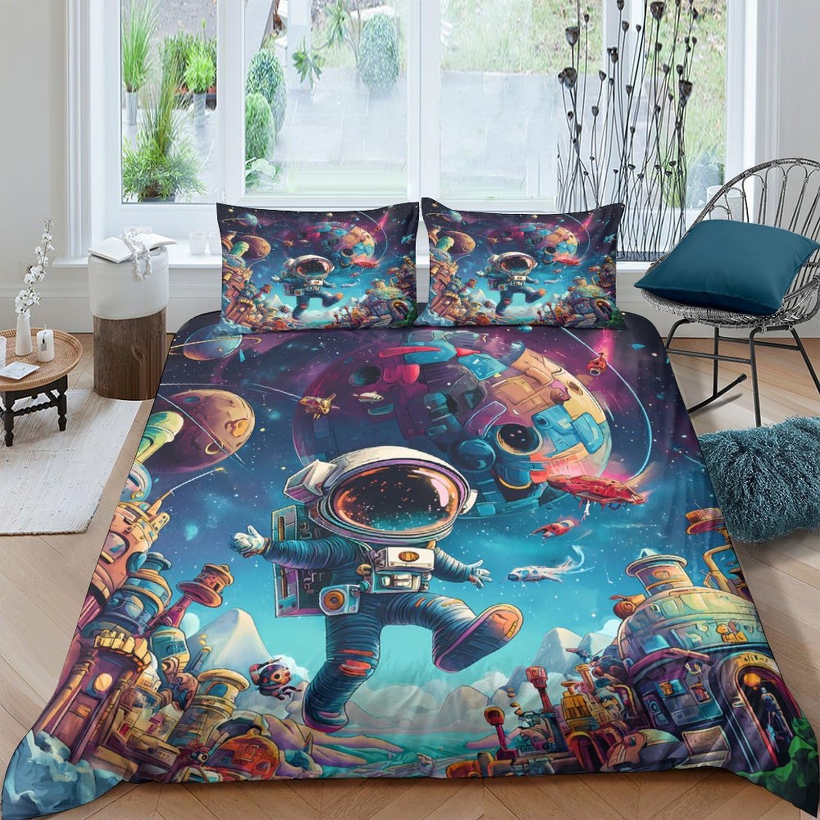 TUFRTGYHN 3D Printed Astronaut Space Adventure Duvet Cover Microfiber Soft Breathable Fantasy Planet Bedding Set with 2 Pillowcases, Bedroom Decoration Single（135x200cm）