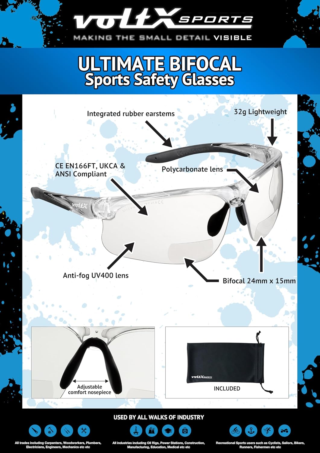voltX 'ULTIMATE SPORTS' Bifocal Safety Glasses (Clear Frame, Clear Lens +3.0 Dioptre) - Anti Fog Coated UV400 lens - Adjustable nosepiece - Microfibre Carry Bag