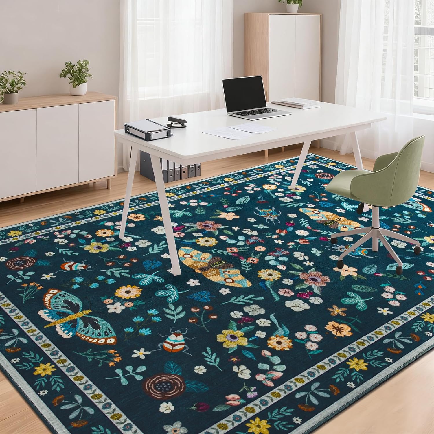 5x7 Area Rugs for Living Room, Soft Washable Insect Rug for Bedroom, Floral Butterfly Low Pile Modern Carpet Non Slip Thin Large Throw Carpets for Dining Room Kitchen Home Office, Teal Green