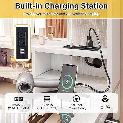 Miniatura 5 de TC-HOMENY Escritorio de maquillaje con parte superior de cristal, tocador con soporte para herramientas para el cabello y estación de carga, 2