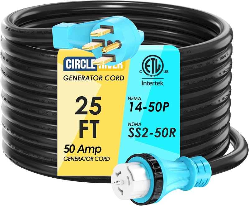 50 Amp 25 Feet Generator Cord, NEMA 14-50P Male to SS2-50R | CS6364 STW 6/3+8/1 AWG 125/250V Generator Power Cord Twist Lock Connectors for Generator to House