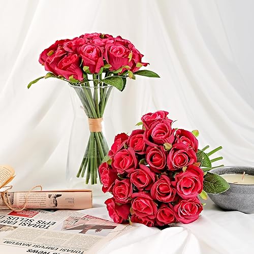 Miniatura 6 de ZMZQ&flw 2 ramos de flores artificiales, 36 cabezas, rosas rojas de seda, flores falsas de un solo tallo para bodas al aire libre