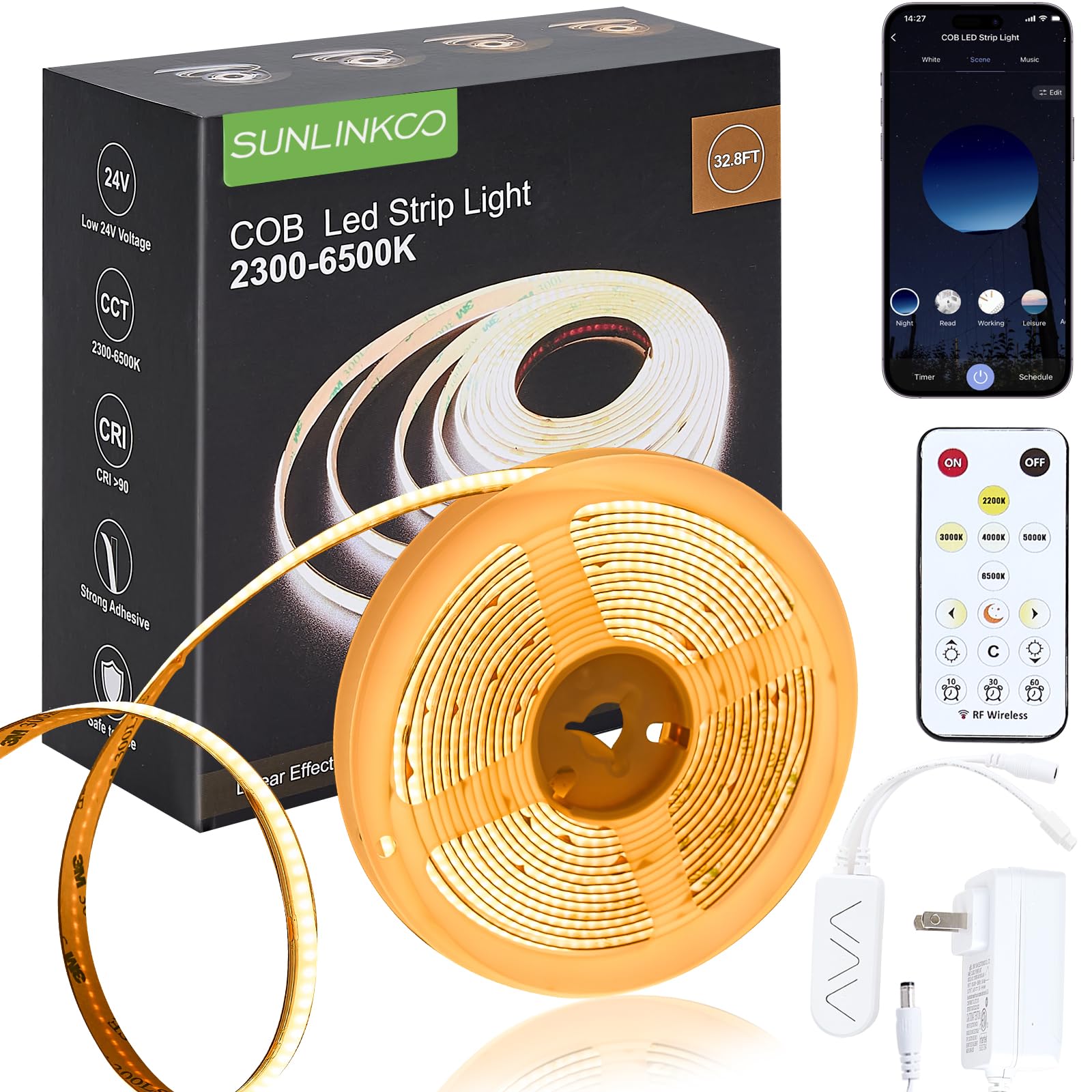SUNLINKCO COB LED Strip Light 16.4ft