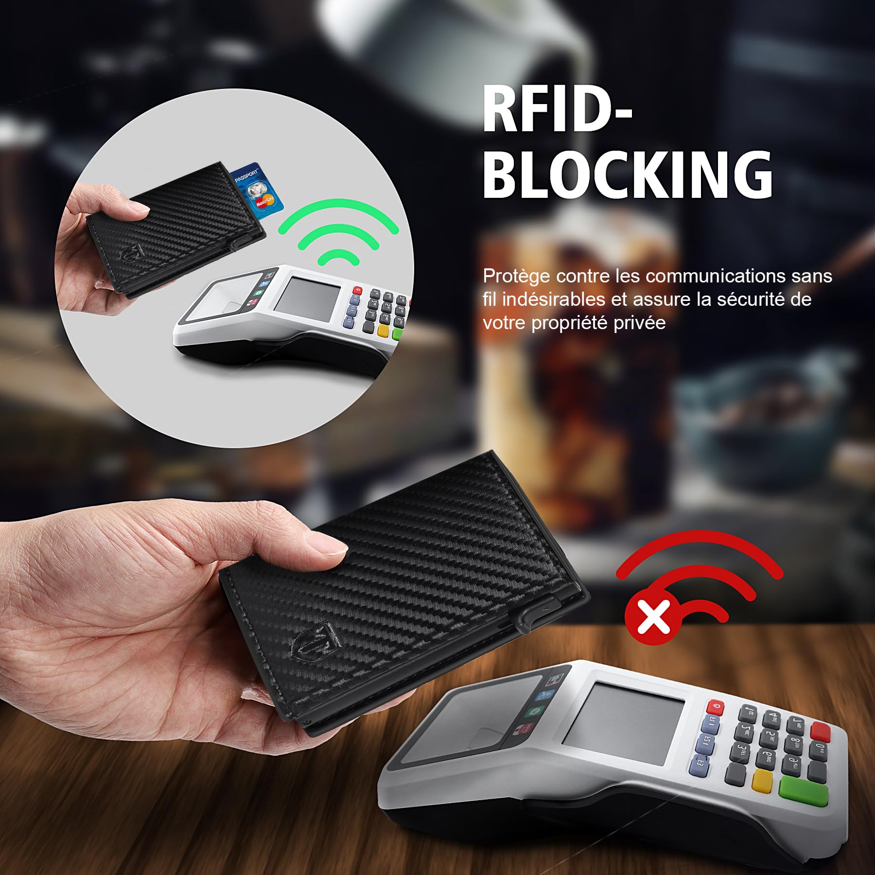 Portefeuille Homme en Fibre de Carbone, Magnétique Porte Carte avec Blocage RFID, Porte Feuille pour Homme avec Compartiment à Billets & Monnaie, Porte-Cartes de Crédit Bancaire (Noir)