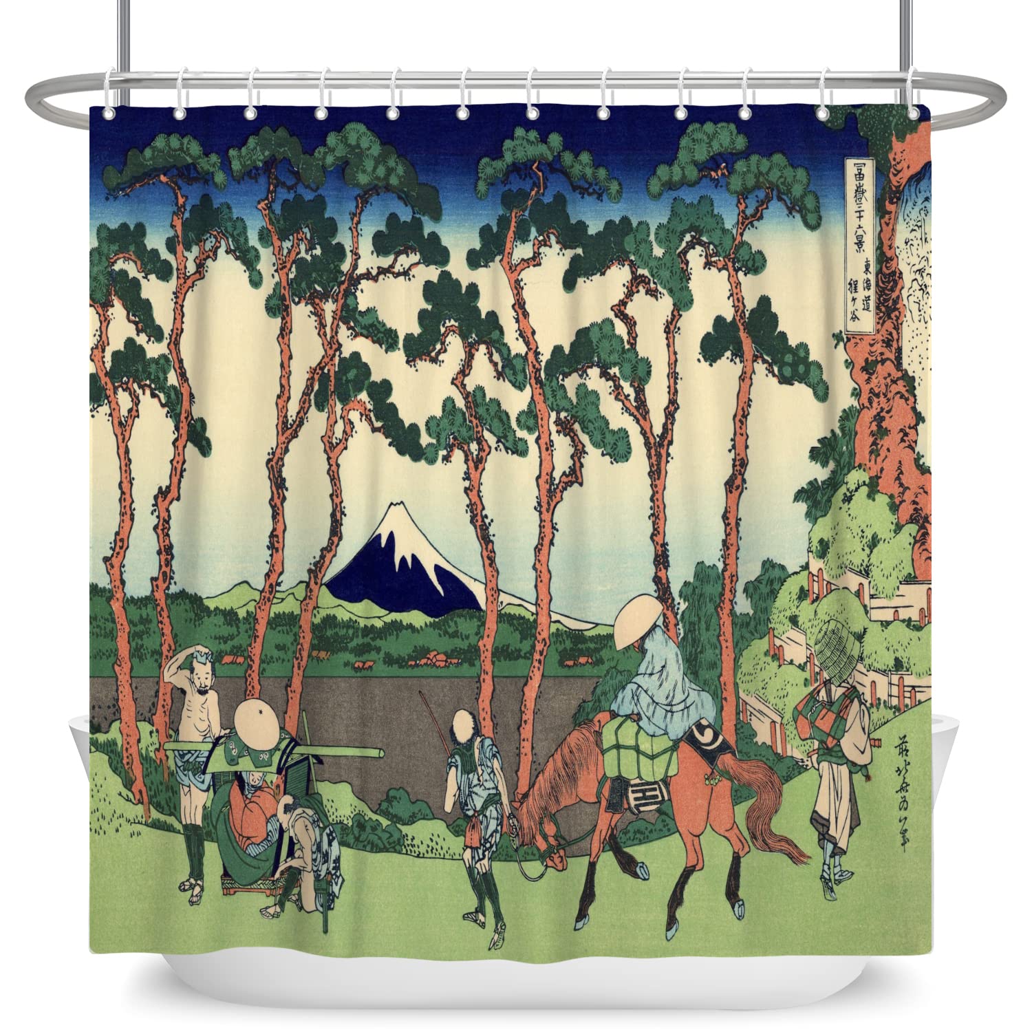 SDOTPMT 70x72inch Mount Fuji Scenery Shower Curtain Japanese Knight Ukiyo-e Theme Abstract Bath Curtain Orient Traditional Ethnic Anime Art Shower Curtain for Bathroom Polyester with Hooks