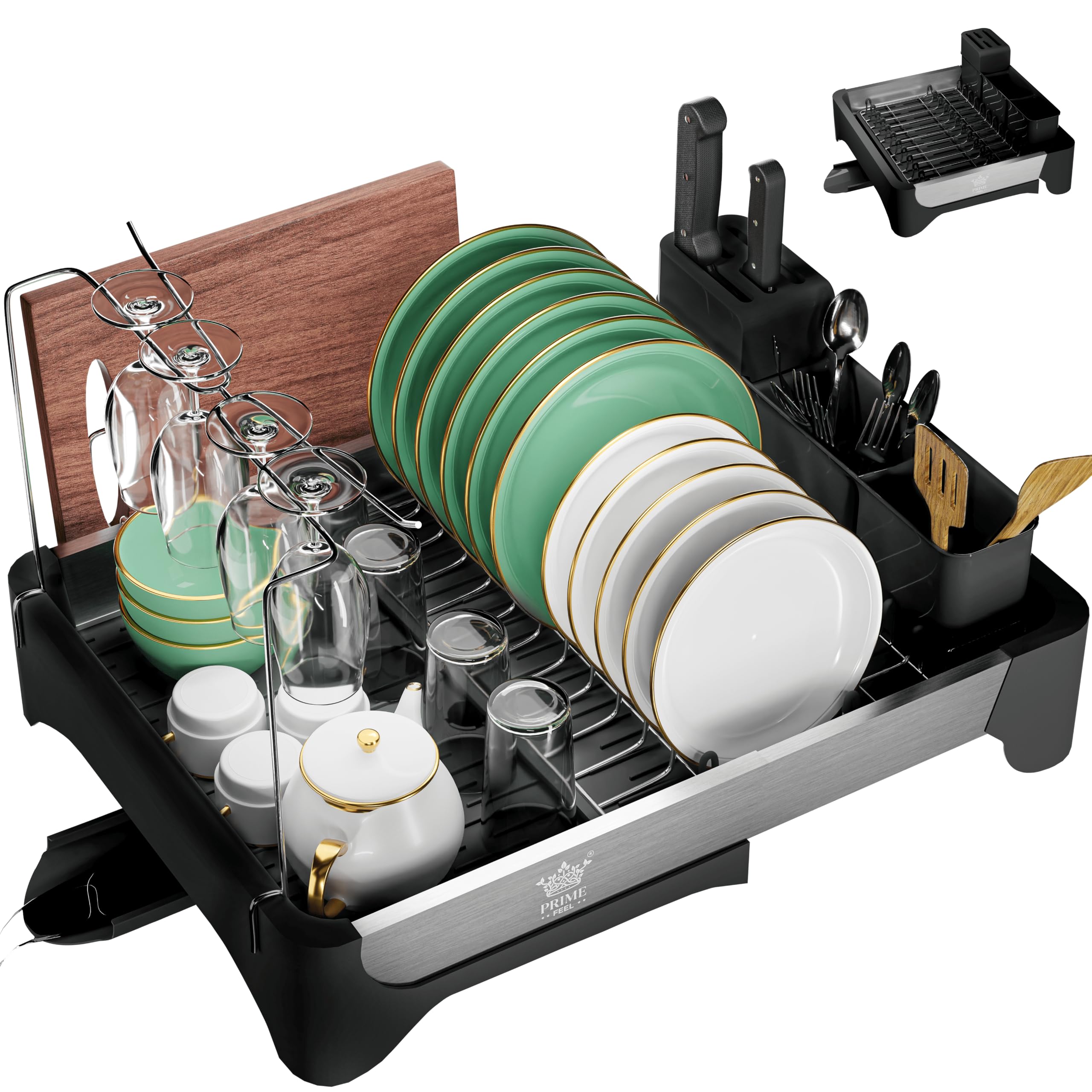 PRIME FEEL Scolapiatti espandibile con vassoio antigoccia, scolapiatti in acciaio inox con portaposate, supporto per vetro e tagliere, scolapiatti pieghevole per piano di lavoro della cucina, nero