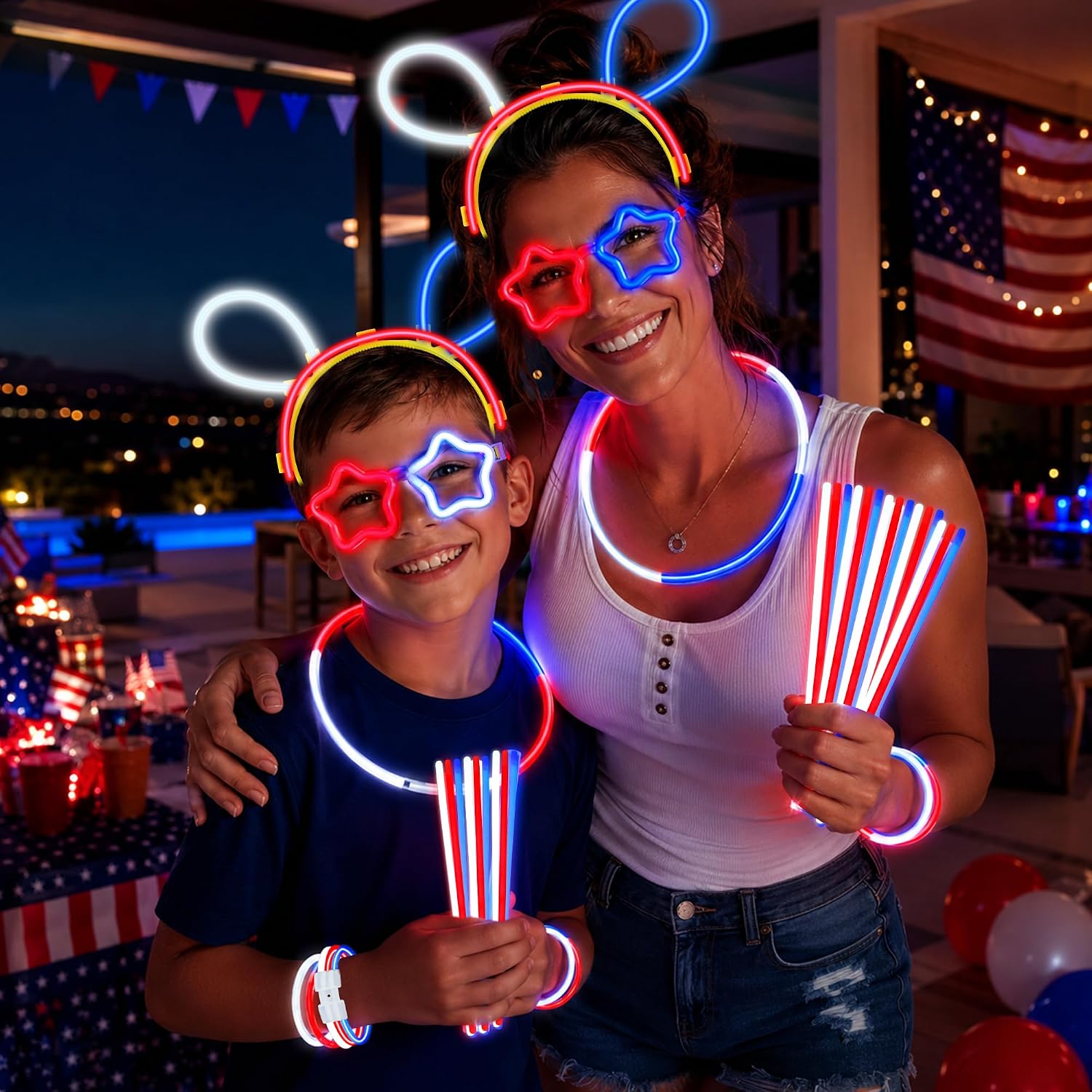 120Pcs 4th of July Accessories, Red White Blue Glow Sticks Patriotic Parade Throws Party Favors Bulk Fourth of July Light up Necklaces Glasses Anniversary Supplies Decor for Independence Day Party