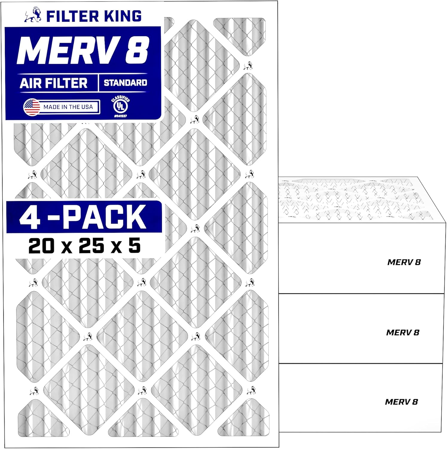Filter King 20x25x5 Air Filter MERV 8 (MPR 700) Health Defense (4-Pack), Pleated HVAC AC Furnace Filters for FC100A1037, Lennox X6673, Carrier (Actual Size: 19.875 x 24.75 x 4.25)