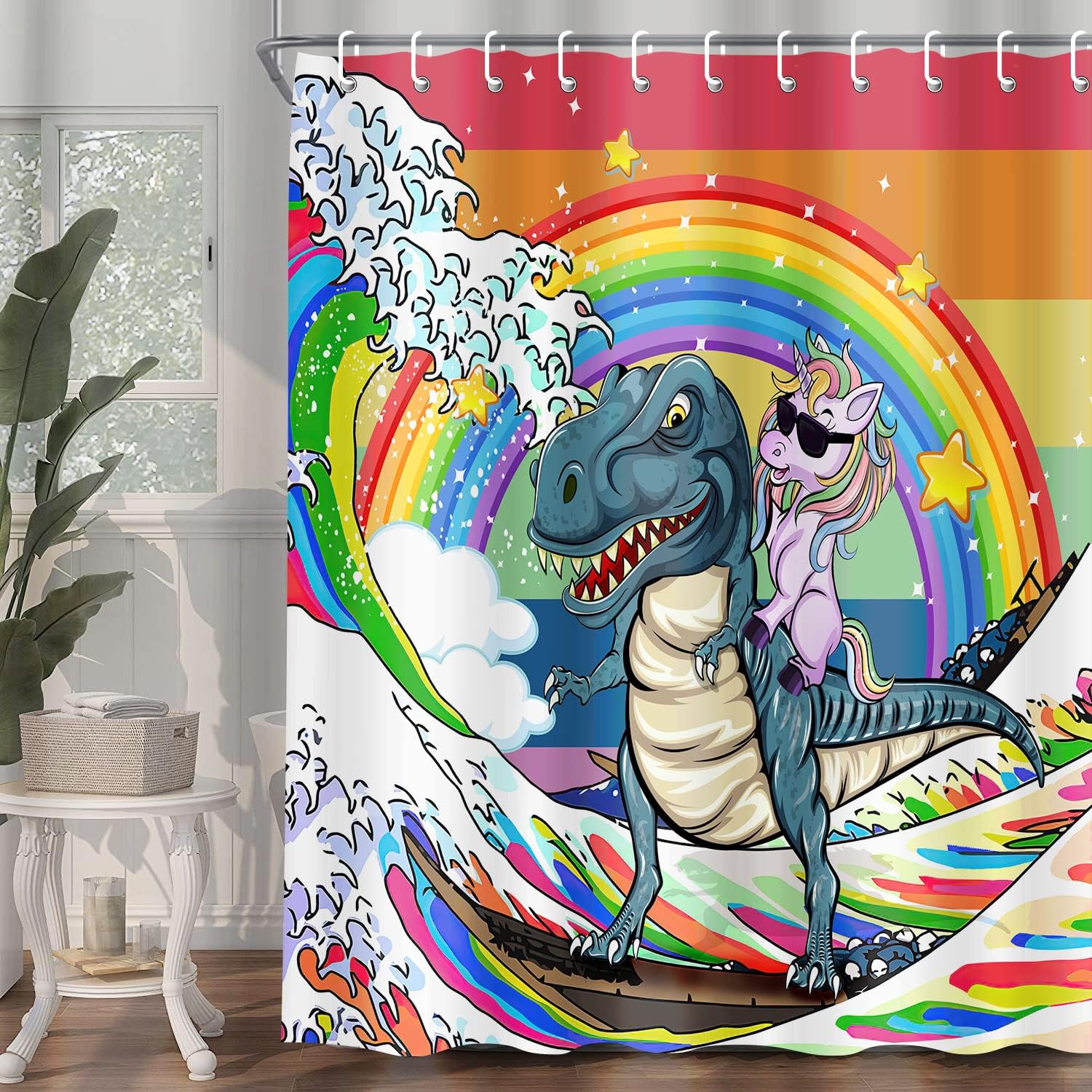 Funny Unicorn Riding Dinosaur Shower Curtain for Kids , Homosexuality LGBT Bathroom Curtain, Rainbow Pride Japanese Asian Anime Ocean Wave Fabric Restroom Decor Accessories with Hooks 70X85 Inch