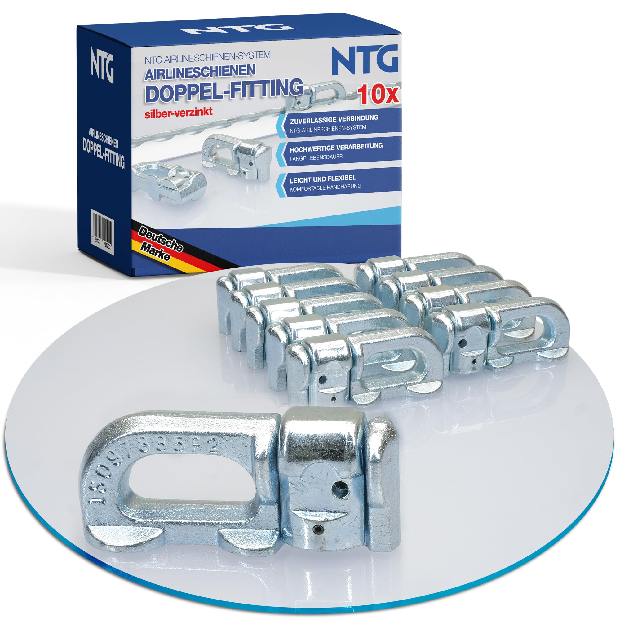 NTG 10 Stück | Doppel Fitting für Airlineschiene | verzinkt | Double Stud | ohne Ring| Zurrschiene | Endbeschlag